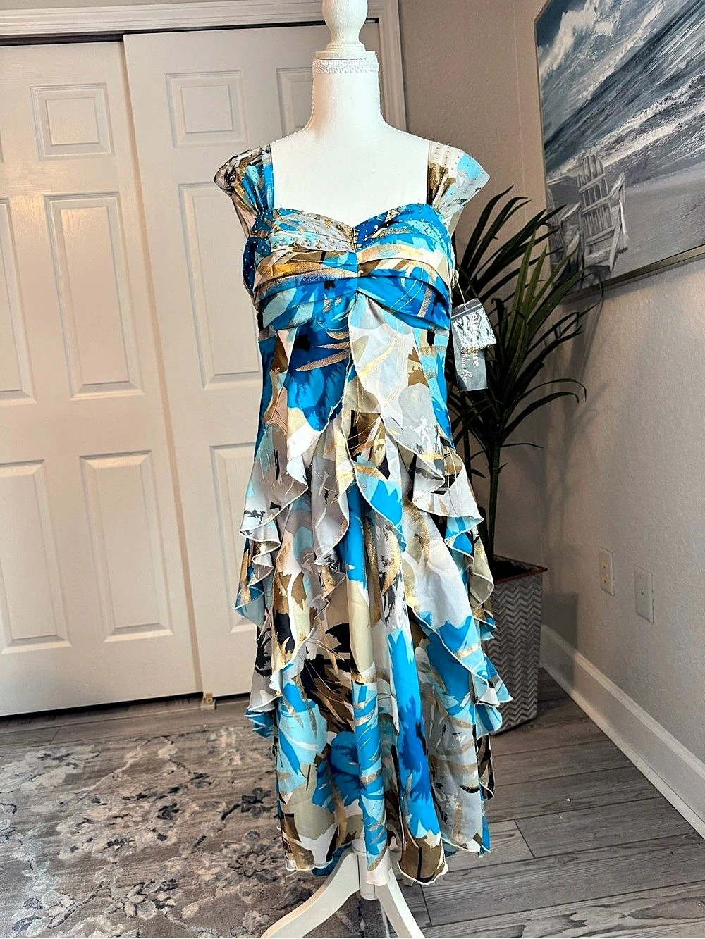 Signature by Robbie Bee Ruffle Dress Abstract Ruffle Maxi Dress in Blue & Gold H